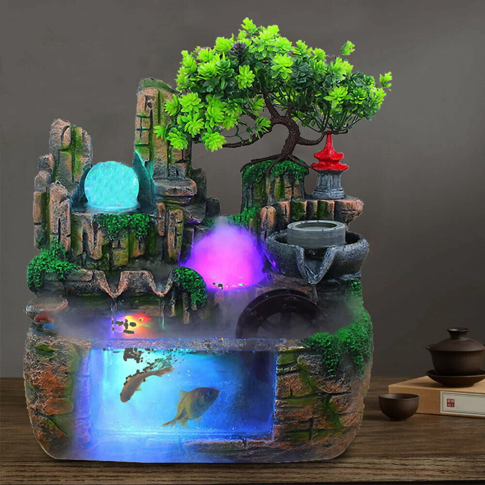 OUKANING Indoor Rockery Fountain Waterfall Feng Shui Water Fountain Home Office Desktop