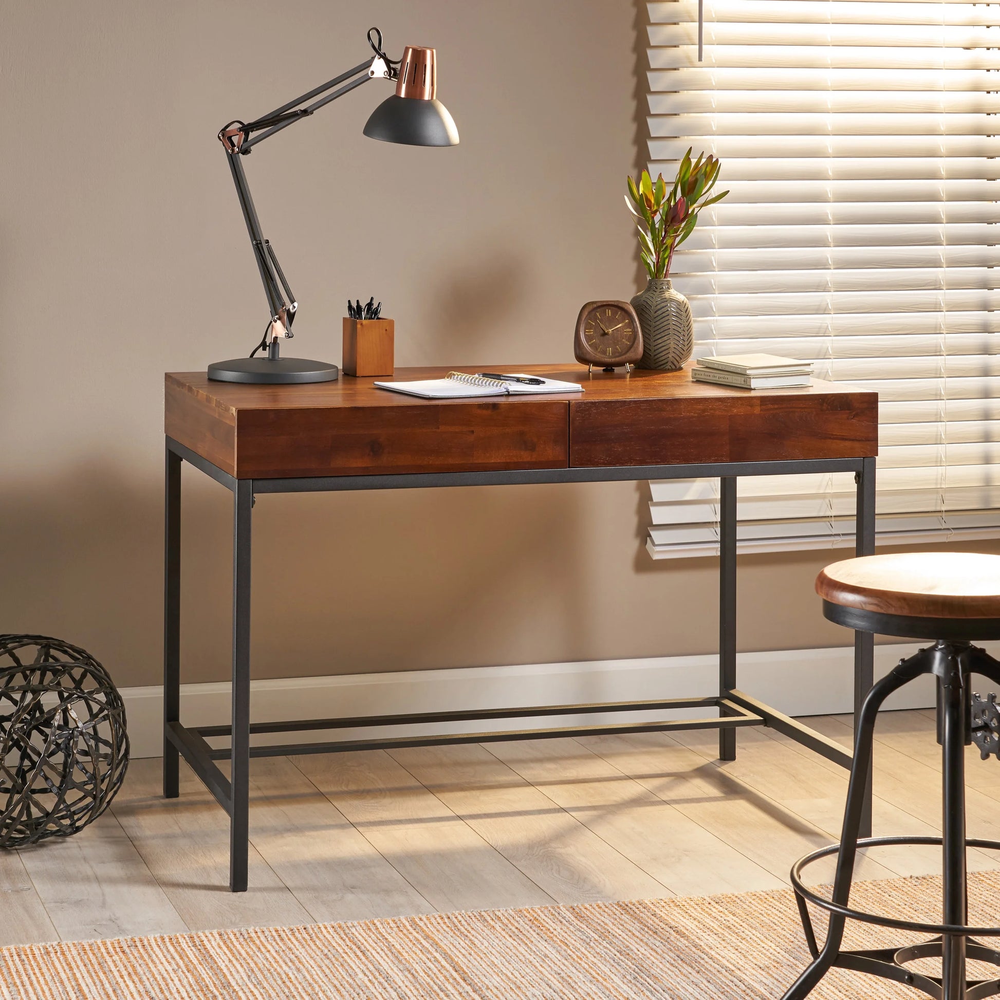GDF Studio Elrod Industrial Dark Oak Acacia Wood Storage Desk with Rustic Metal Iron Accents