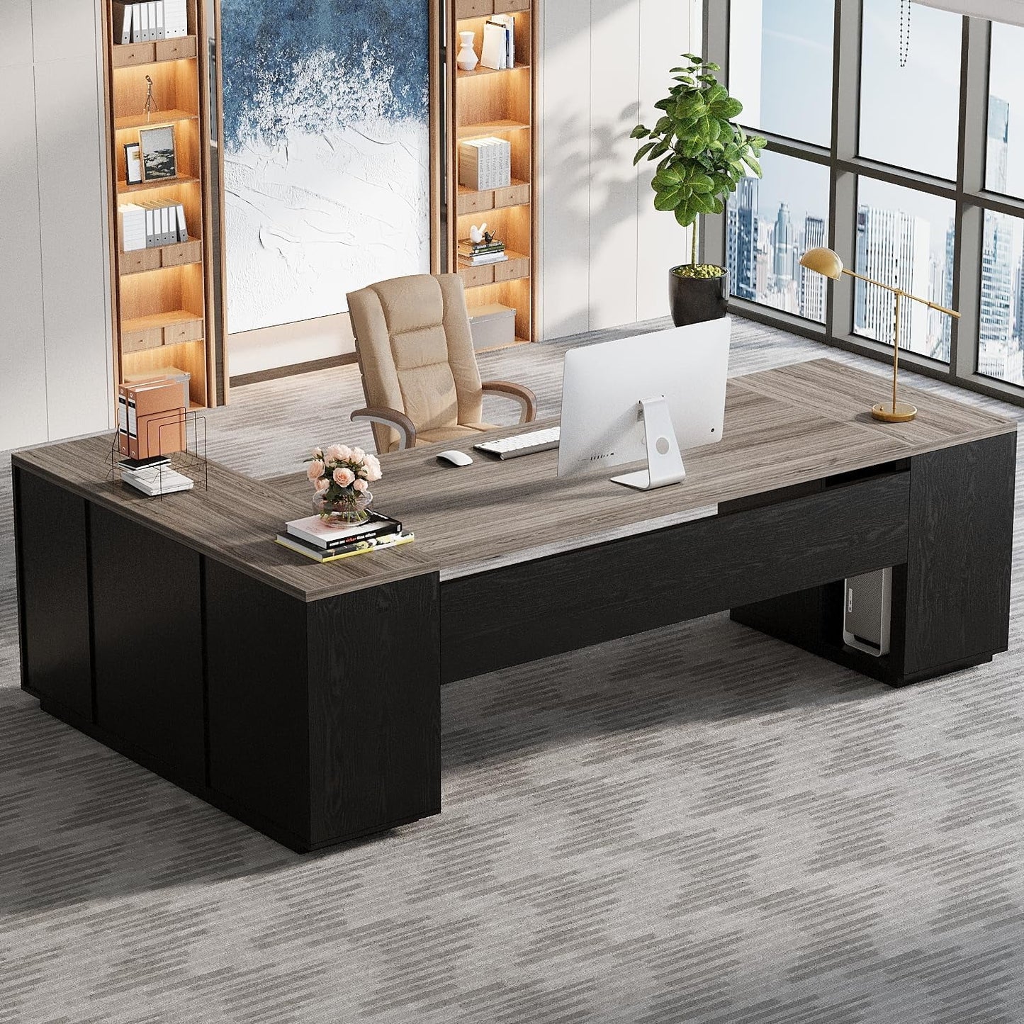 Tribesigns 85.8" L-Shaped Executive Desk, Extra Large Office Desk with File Drawers, Modern Business Furniture with Door Cabinet, Shelves for Home Office, White & Brown
