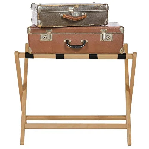 M& T Displays Beech Wood Folding Luggage Rack Travel Suitcase Stand with Woolen Strips for Home Hotel Gym Spa Guest Room 200 lbs Carriage Capacity Natural Wood 18x30 Inches
