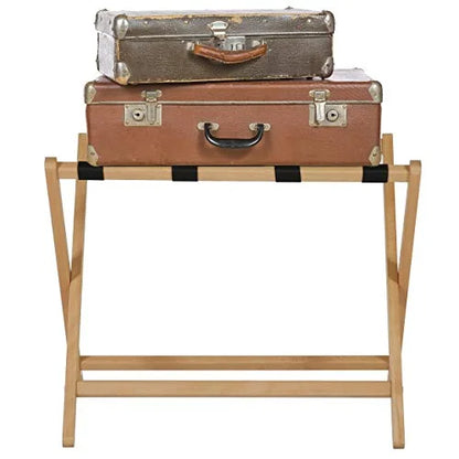 M& T Displays Beech Wood Folding Luggage Rack Travel Suitcase Stand with Woolen Strips for Home Hotel Gym Spa Guest Room 200 lbs Carriage Capacity Natural Wood 18x30 Inches