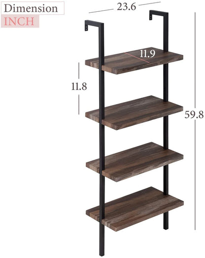 FDW 4-Shelf Bookcase Open Wall Mount Ladder Bookshelf with Industrial Metal Frame For Home Office Study, 60-inch