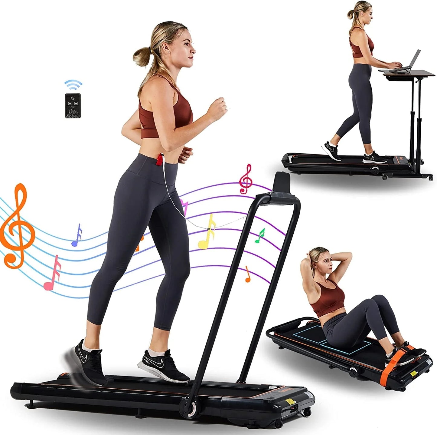 Ksports 3 in 1 Folding Treadmill, 2.25hp Under Desk Treadmill, Walking Pad, Installation & Lubricant-Free, Bluetooth Speaker, Fitshow App, 2 LED Display, Walking, Running & Sit Ups for Home Office Gym