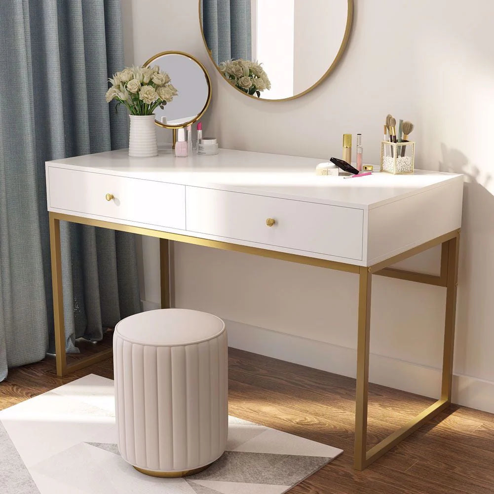 TribeSigns Computer Desk, Modern Simple 47 inch Home Office Desk Study Table Writing Desk with 2 Storage Drawers, Makeup Vanity Console Table, White and Gold