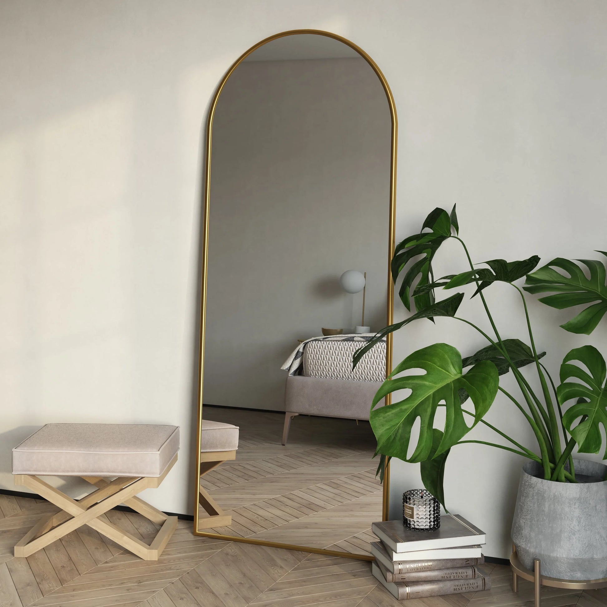 Nadia Arch Gold Metal 70"x28" Modern Floor Mirror
