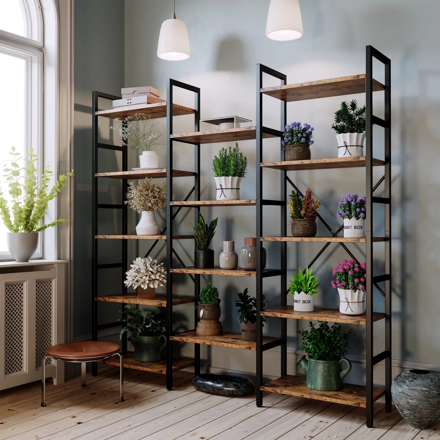 IRONCK Triple Wide 5 Tiers Industrial Bookcases and Bookshelves, Large Open Display Shelves with Metal Frame for Living Room Bedroom Home Office, Vintage Brown