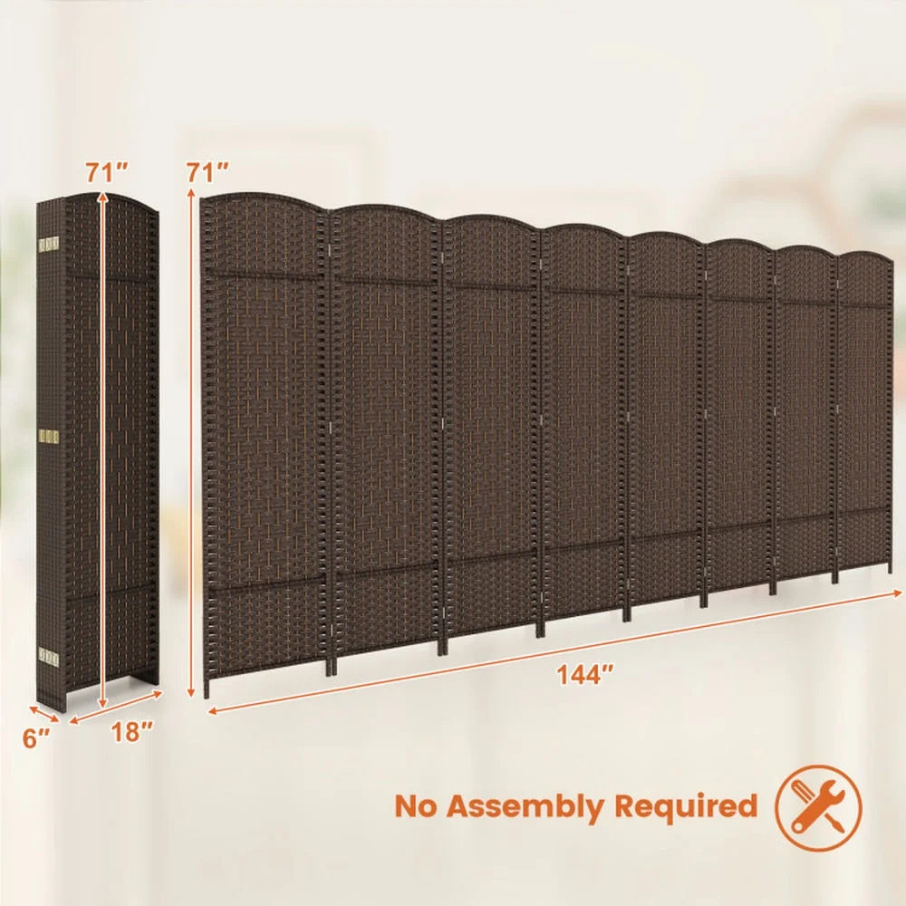 Spaco 8-Panel 8 Feet Tall Room Divider, Folding Room Divider with Hand-Woven Texture, Privacy Screen with Solid Wood Frame for Indoor, Brown