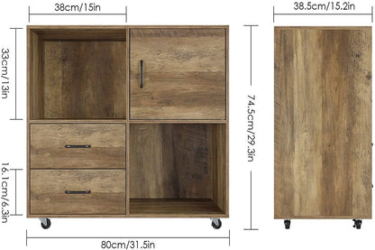 Homfa Lateral File Cabinet with 2 Drawers, Printer Stand with Storage Shelves, Large Mobile Filing Cabinet, Functional Wood Cabinet for Home Office with Wheels, Rustic Brown