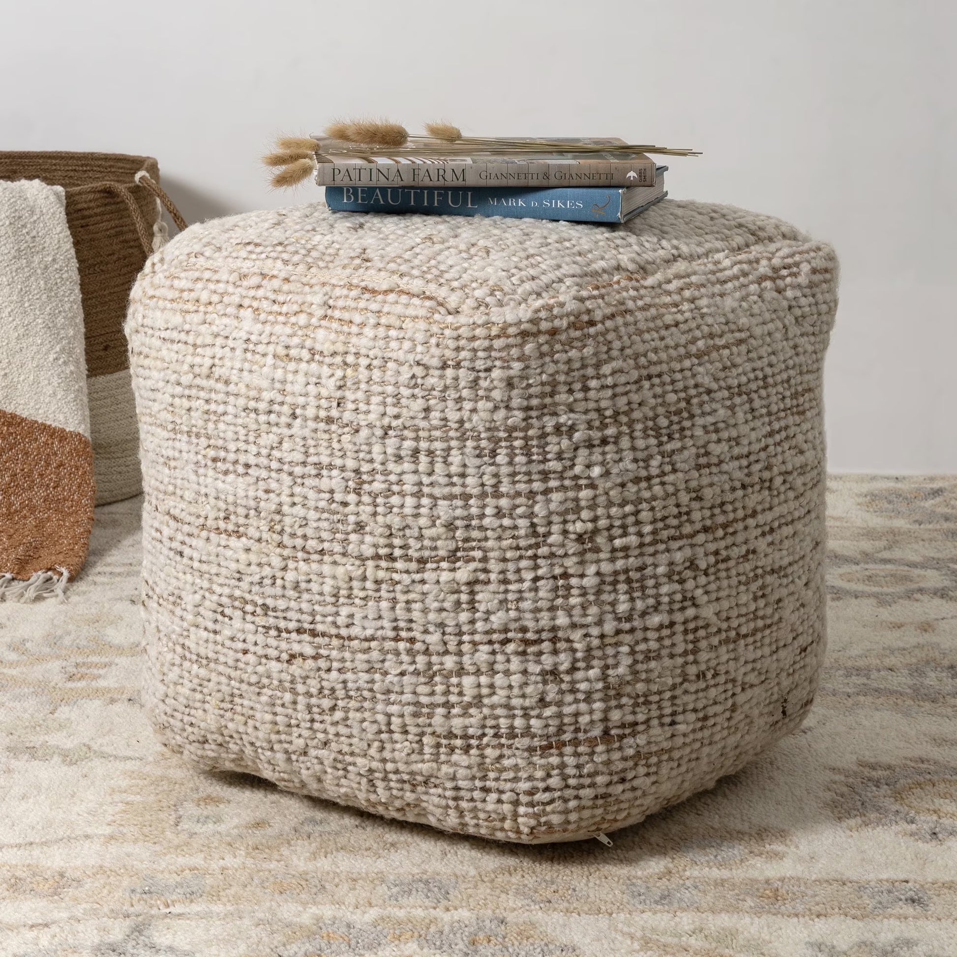 Ox Bay Shiela Square Ivory/Blue Distressed Indoor Pouf Ottoman, 18"H x 18"W