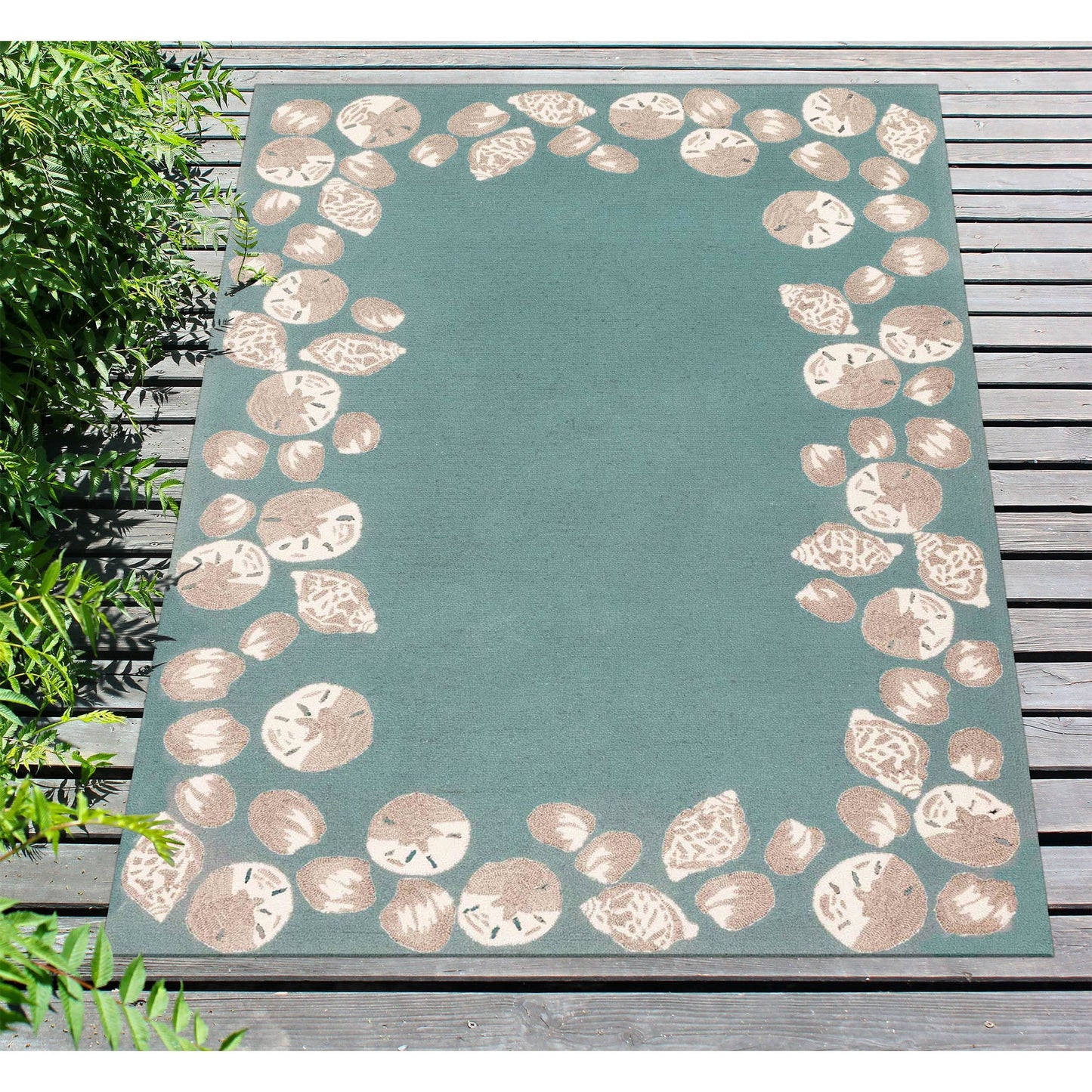 Liora Manne Capri Area Rug Aqua Seashell Border Indoor Outdoor Weather Resistant