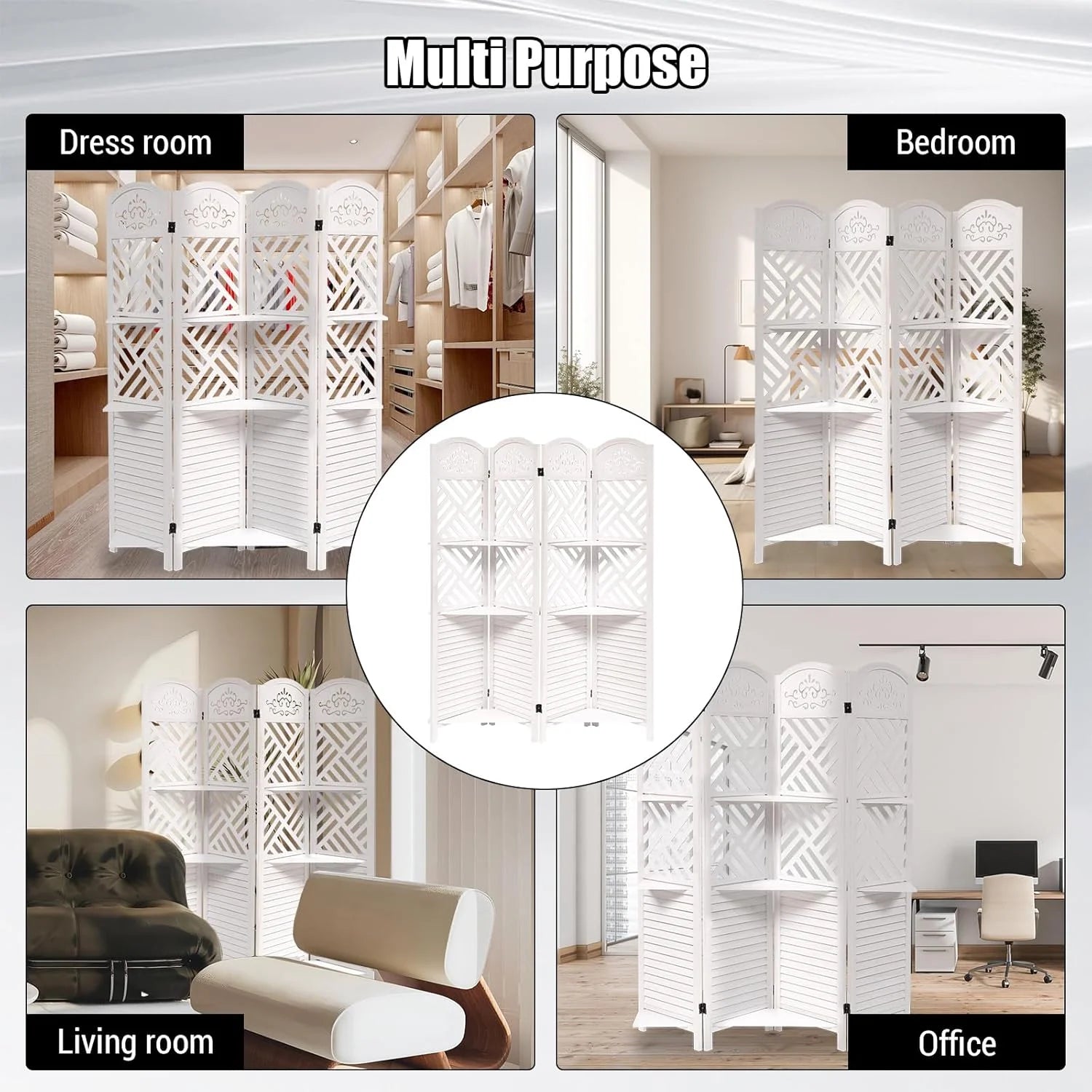 Wooden Room Divider Wall 4 Panel with Holes,5.6FT Tall Room Divider with Shelves,Folding Privacy Screens 67 in for Room Separation Home Office Bedroom