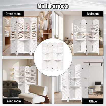 Wooden Room Divider Wall 4 Panel with Holes,5.6FT Tall Room Divider with Shelves,Folding Privacy Screens 67 in for Room Separation Home Office Bedroom