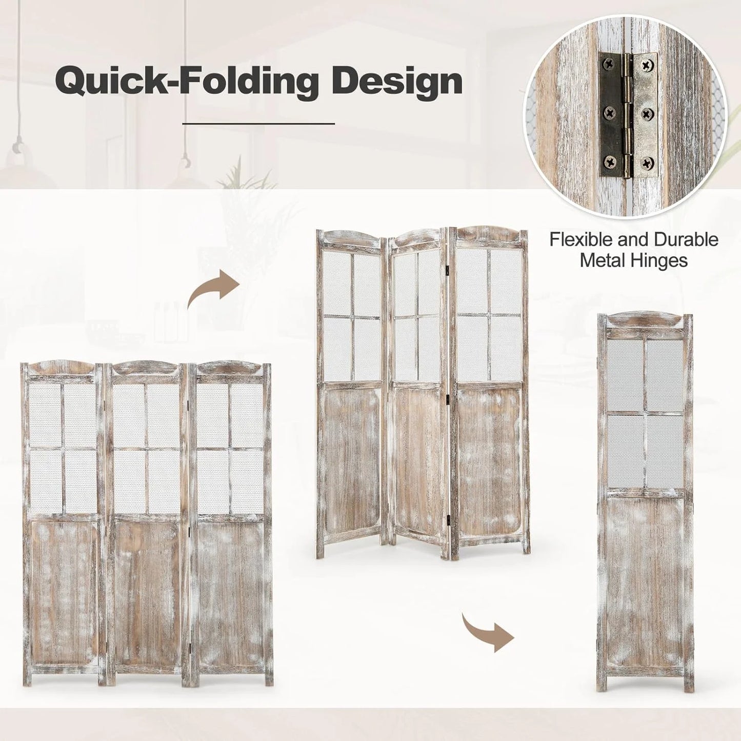 GOFLAME 3-Panel Folding Room Divider, 6FT Paulownia Wood Privacy Screen with Mesh Window, Natural Rustic Freestanding Wall Divider Partition for Room Separation, No Assembly Required
