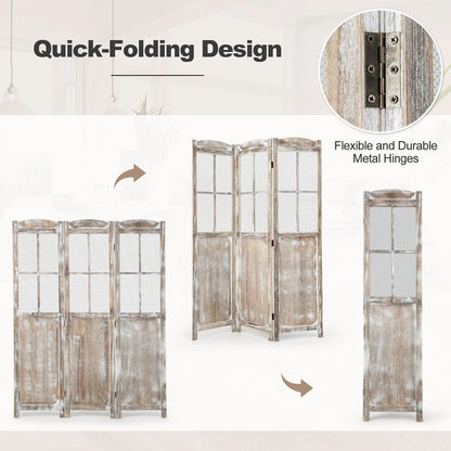 GOFLAME 3-Panel Folding Room Divider, 6FT Paulownia Wood Privacy Screen with Mesh Window, Natural Rustic Freestanding Wall Divider Partition for Room Separation, No Assembly Required