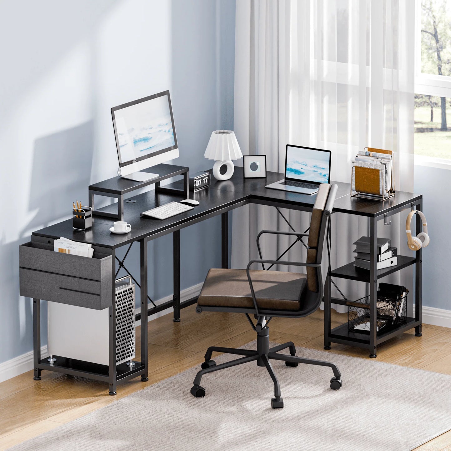 Lulive L-Shaped Computer Desk, 95" Reversible Computer Desk Office Desk with 3 Shelves/Monitor Stand/Storage Bag/Hooks for Home Office, Black
