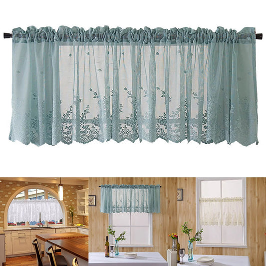 Yesbay Window Curtain Short Kitchen Valance Drape Polyester Lace Flower Pattern Balcony Curtain for Home,White