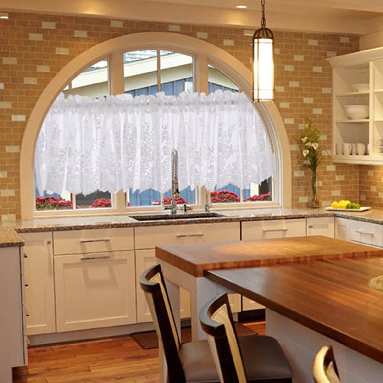Yesbay Window Curtain Short Kitchen Valance Drape Polyester Lace Flower Pattern Balcony Curtain for Home,White