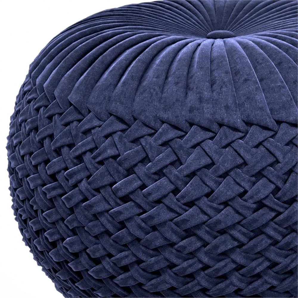 Pemberly Row Round Pouf in Teal Green Velvet Fabric with Woven Details