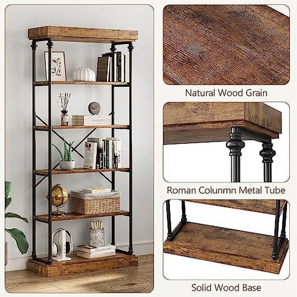 Maritcute 6 Tier Bookshelf Industrial Bookcase Wood Storage Open Rack Shelf Metal Frame Rustic Tall Standing Bookshelves Large Vintage Display Rack for Bedroom,Living Room and Home Office