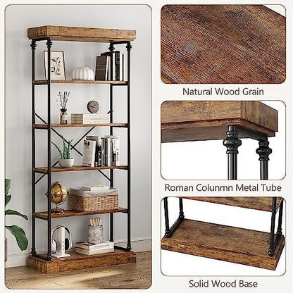 Maritcute 6 Tier Bookshelf Industrial Bookcase Wood Storage Open Rack Shelf Metal Frame Rustic Tall Standing Bookshelves Large Vintage Display Rack for Bedroom,Living Room and Home Office