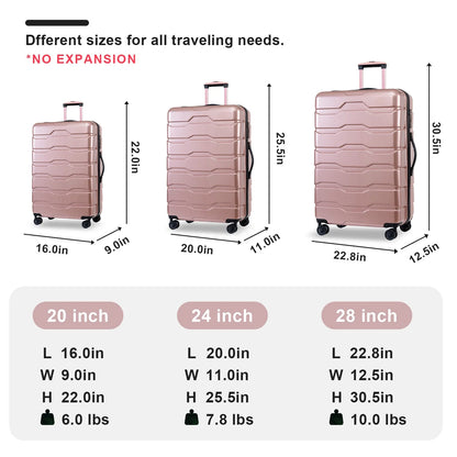 3-Piece Hardside Luggage Sets, Lightweight Spinner Suitcase with Wheels TSA Lock, Airline Approved Carry-On Suitcase and Luggage Set(20°+24°+28°), Durable ABS Material, Rose Gold