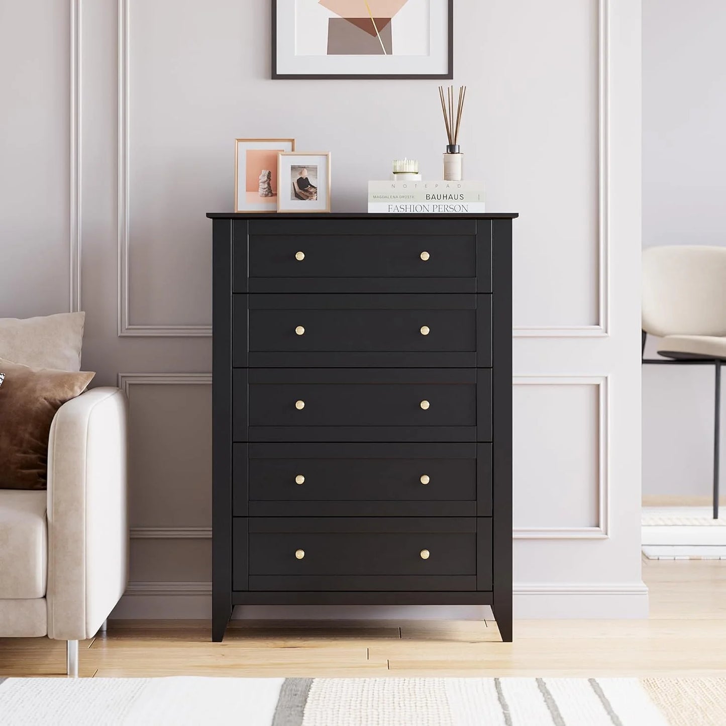 Homhougo Dresser for Bedroom Black with 5 Drawers, Tall Wood Organizer Storage Cabinet with Round Handle, Drawer Dresser for Closet, Living Room, Hallway, Nursery, Kids Bedroom
