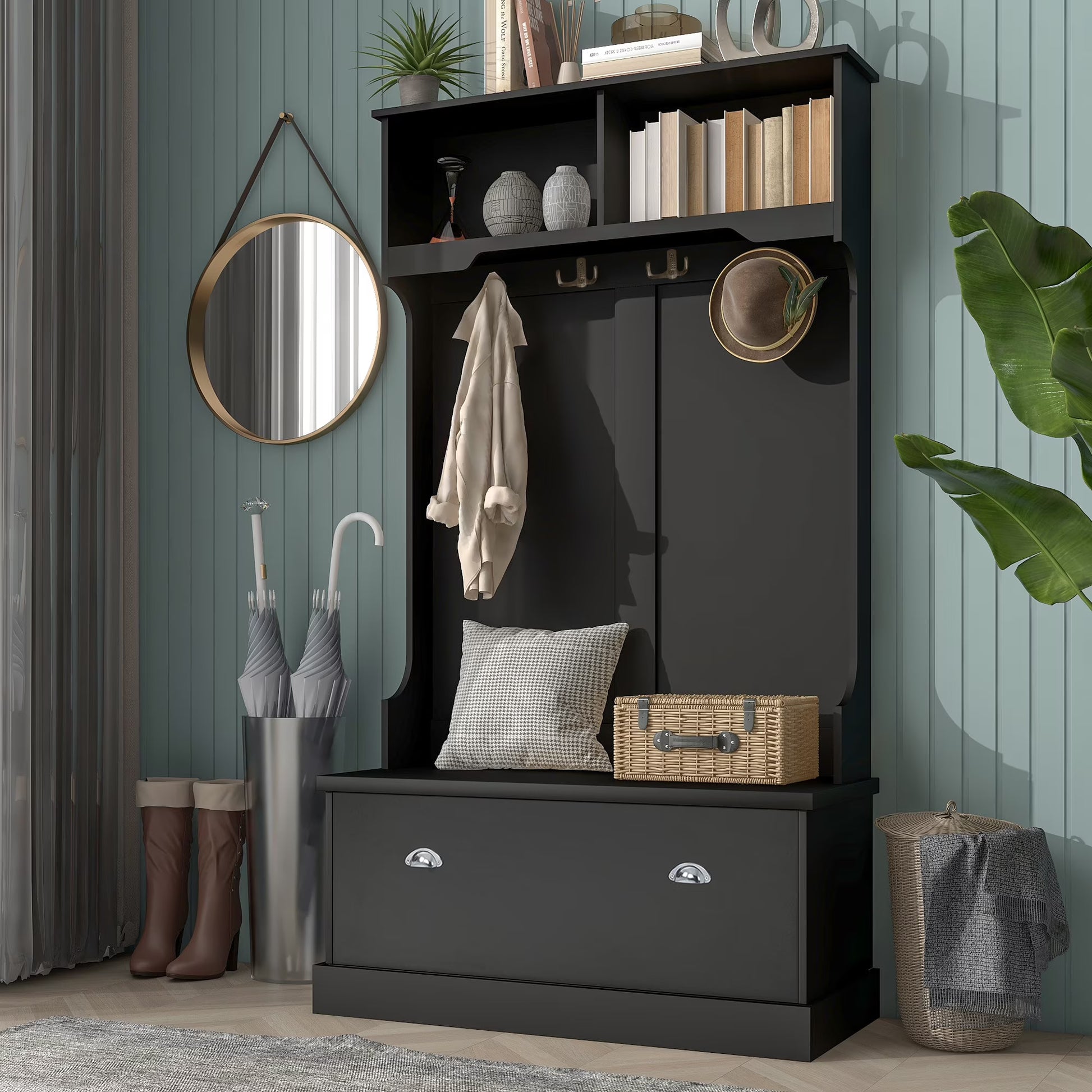 Legahome Hall Trees for Entryway, Wood Hall Tree with Storage Bench and Coat Racks, 3-in-1 Entryway Coat Rack with Storage, 4 Hooks, Hall Tree Coat Rack Storage Bench for Entrance, Living Room, Black