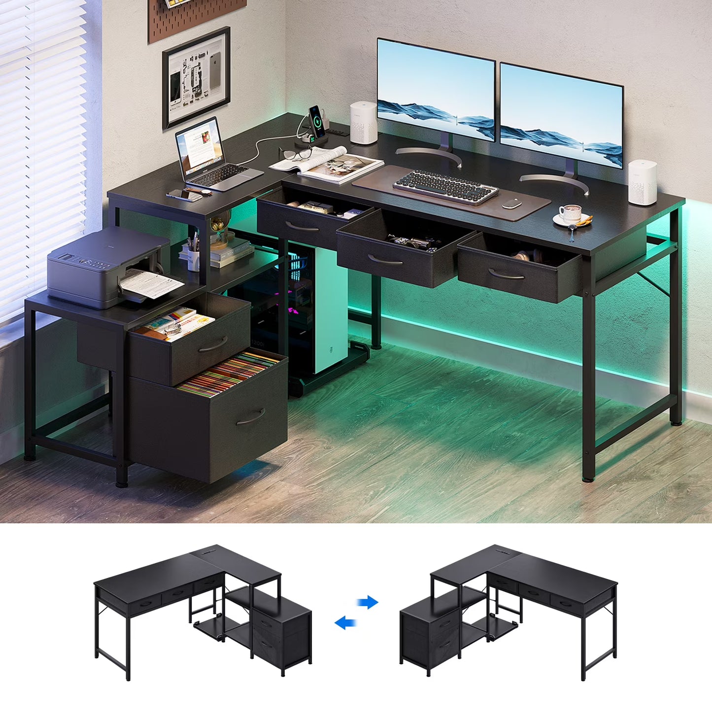 L Shaped Gaming Desk with File Drawer & Power Outlet, 53" Reversible Home Office Desk with Monitor Stand & Storage Drawers, Modern Corner Computer Desk with CPU Stand & Printer Storage Shelves, Black