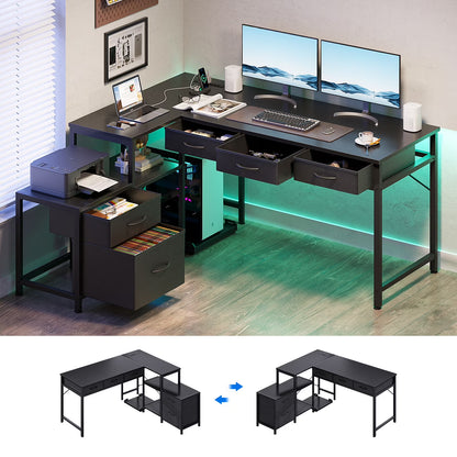 L Shaped Gaming Desk with File Drawer & Power Outlet, 53" Reversible Home Office Desk with Monitor Stand & Storage Drawers, Modern Corner Computer Desk with CPU Stand & Printer Storage Shelves, Black