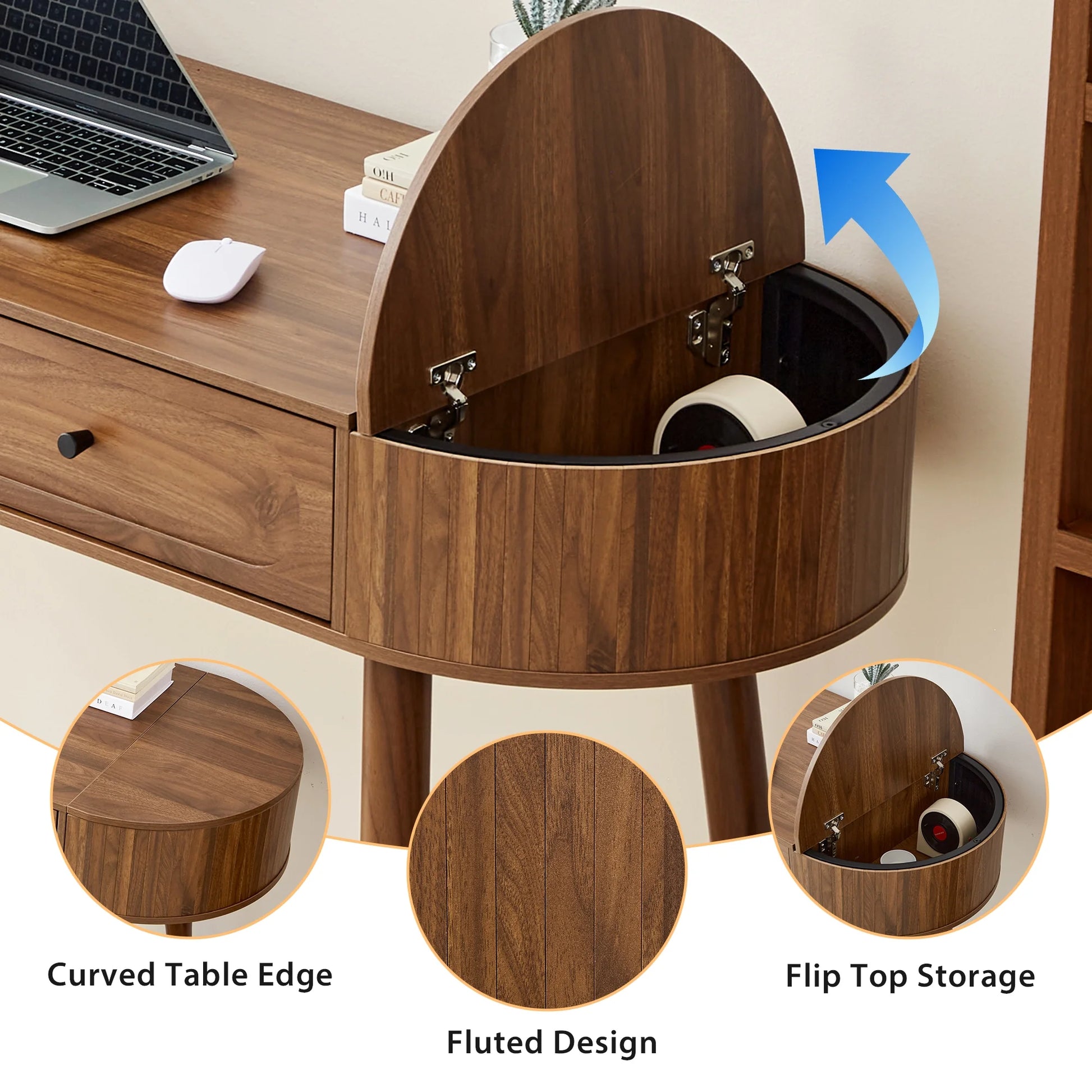 YOCWO Modern Home Office Desk with 2 Drawers and 2 Fflip-top Storage, Oval Computer PC Desk Table, Vanity Desk with Fluted Curved Table Edge, Walnut