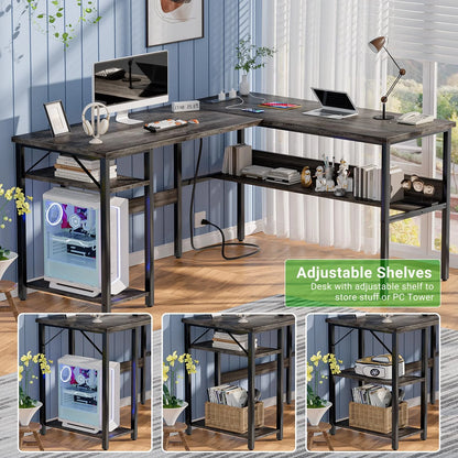 Homieasy Reversible L Shaped Desk with Magic Power Outlets and USB Charging Ports, Sturdy Corner Computer Desk with Storage Shelves, Gaming Table Home Office Desk, Easy to Assemble, Black Oak