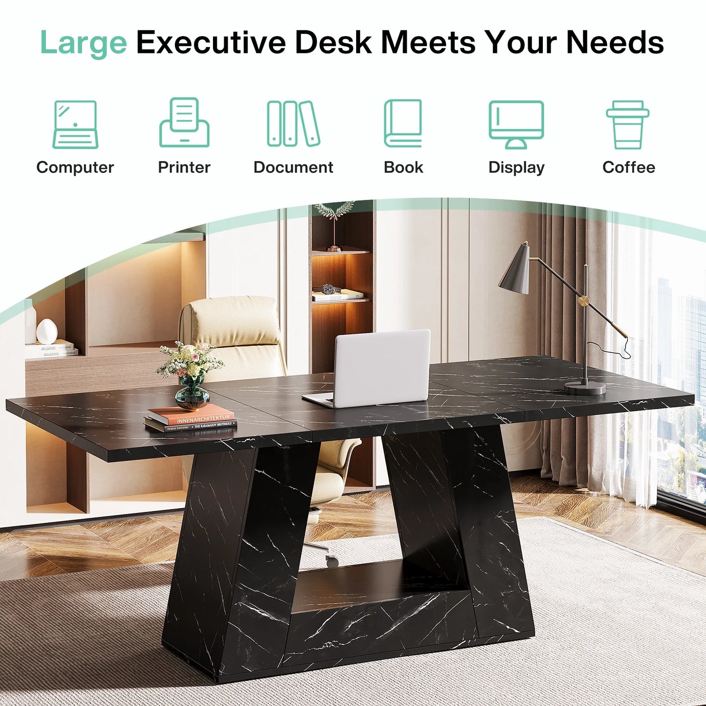 Tribesigns Modern Computer Desk, 63 inch Wooden Faux Marble Study Writing Table with Sturdy Base for Home Office, Black