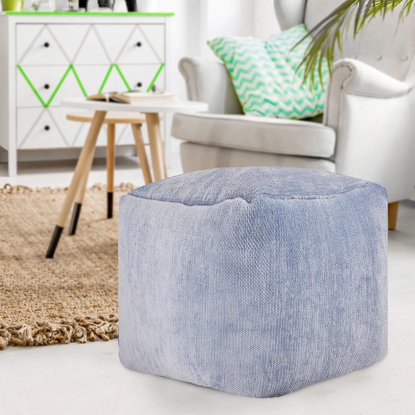LR Home Medium Solid Indoor Cube Pouf, Blue Chenille, 18" x 18" x 18"