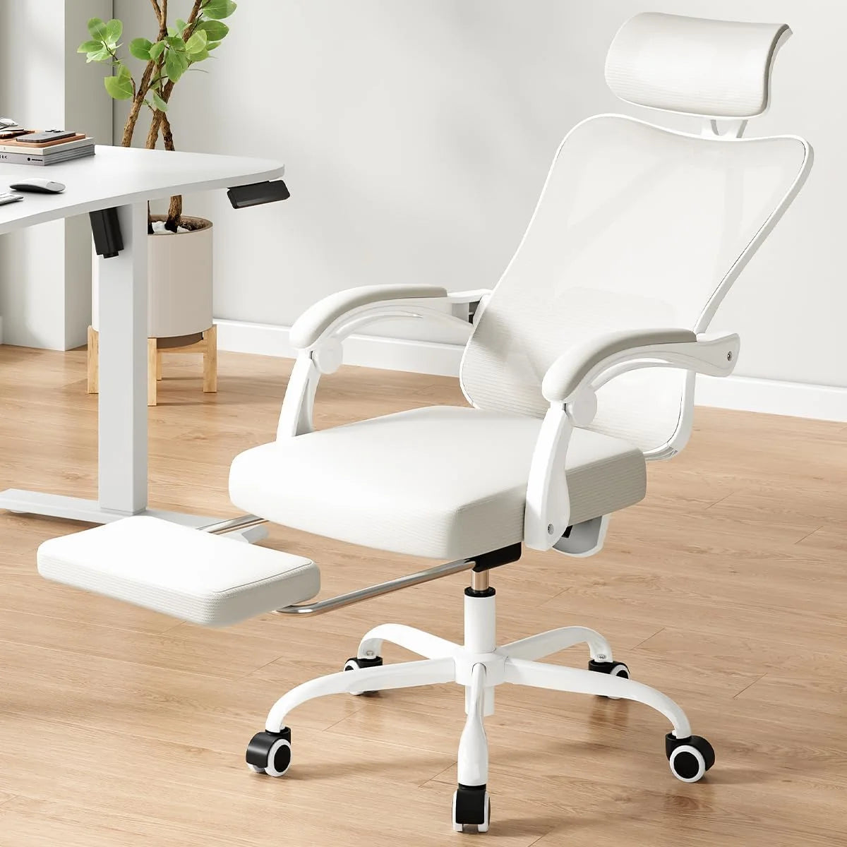 STARY Ergonomic Office Chair with Footrest, High Back Mesh Desk Chair with Adjustable Headrest & Lumbar Support, Comfortable Computer Chair for Home Office Study, White & Beige