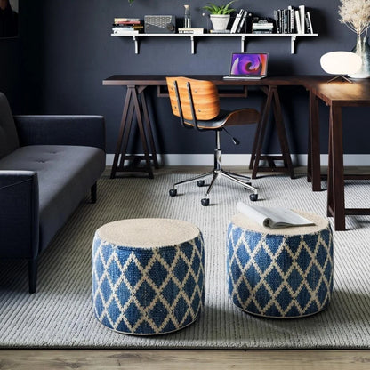 Edgeley Boho Round Pouf in Classic Blue, Natural Woven Braided Jute