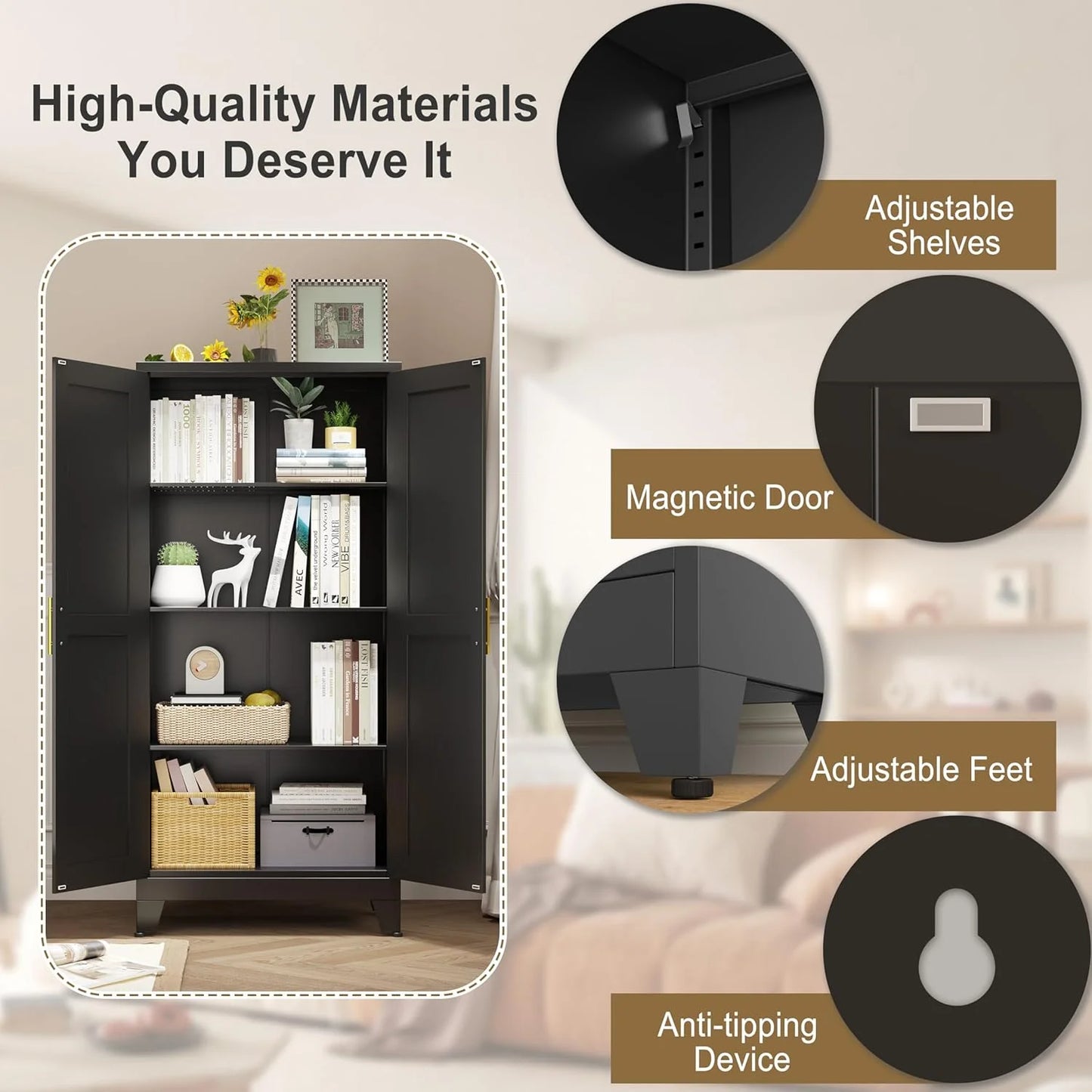 DYUKFG Metal Storage Cabinet - 61" Tall Steel File Cabinets with 2 Doors and 3 Adjustable Shelves Versatile Storage Pantry Cabinet for Home Office Warehouse Garage or Outdoor (Black)