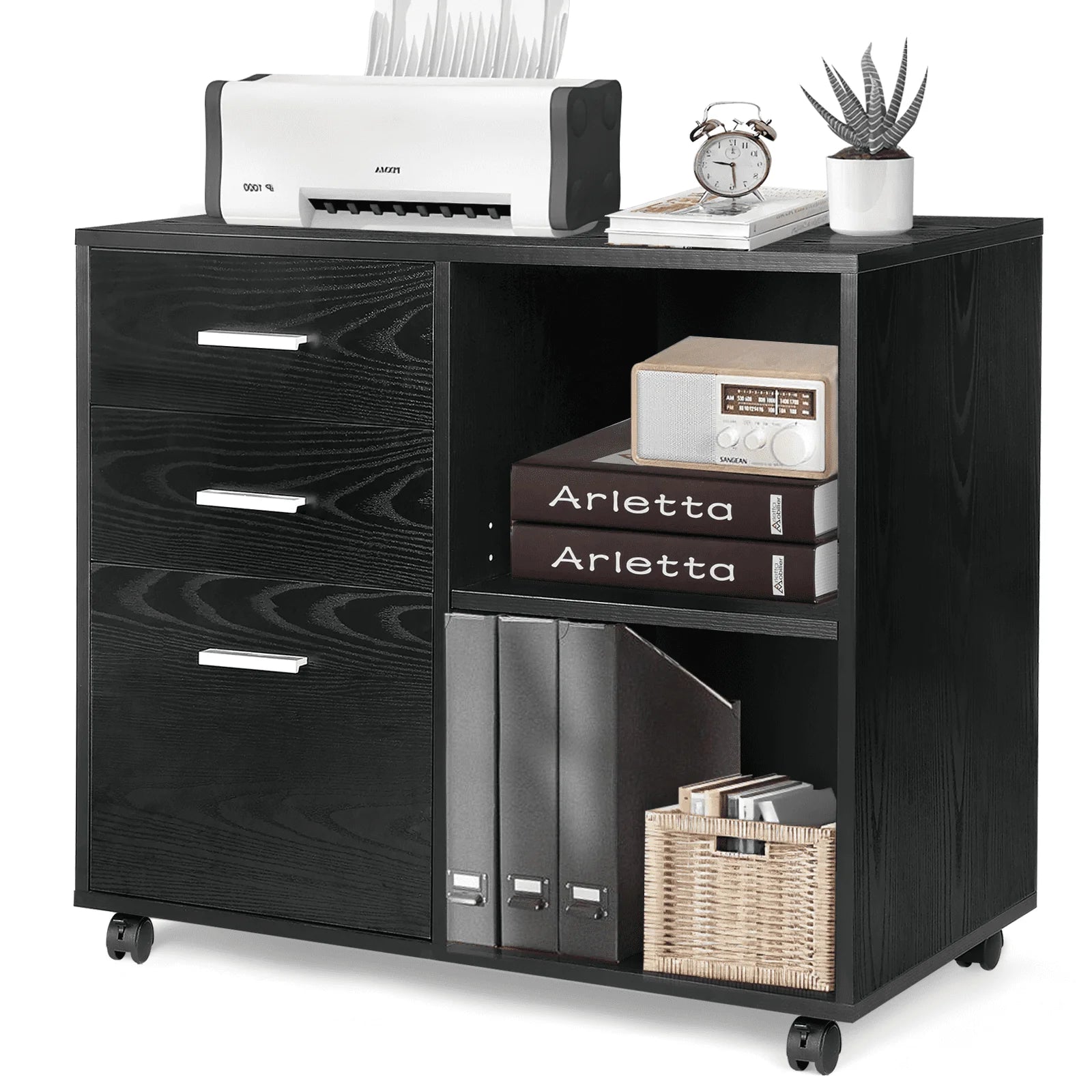 Richya Wood File Cabinet , Printer Stand with Open Storage Shelf, 3-Drawer File Cabinet, Home Office White
