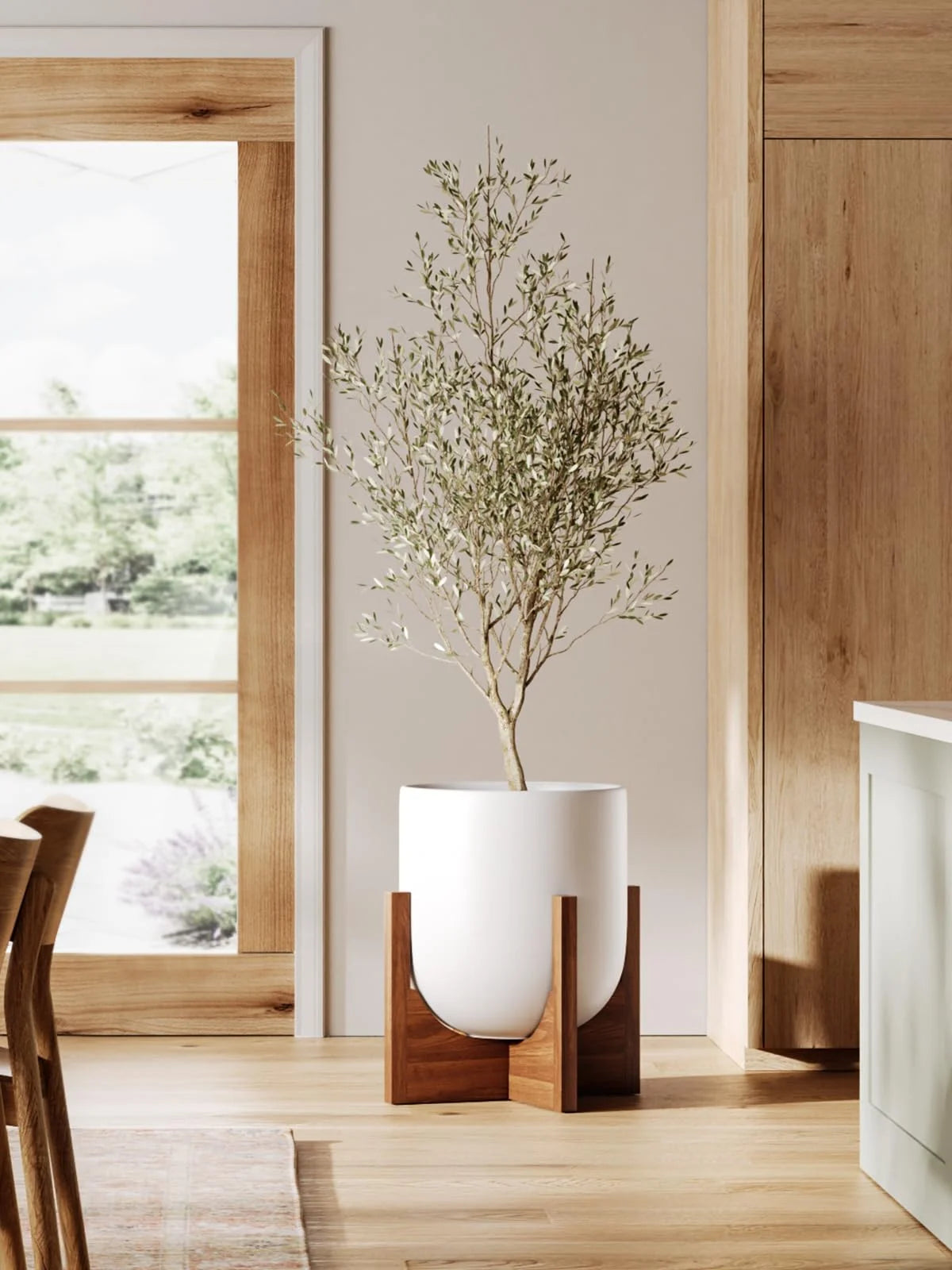 BEMAY 12" White Ceramic Planter with Wood Stand, Large Indoor Plant Pot and Flower Pot for Tall Plants and Houseplants, Mid Century Modern Decor