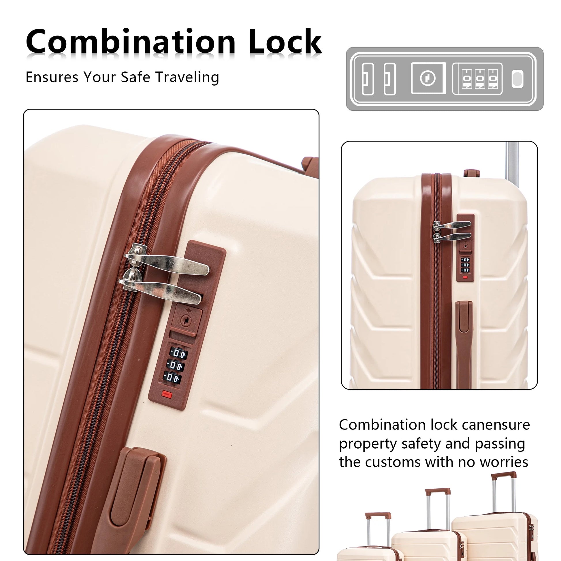 PAPROOS 3 Piece Luggage Set, ABS Carry-on Luggage Set with Spinner Wheels and TSA Lock, Lightweight Hardside Luggage, 20/24/28 Inch Rolling Suitcase Set for Travel Business Trip, Beige