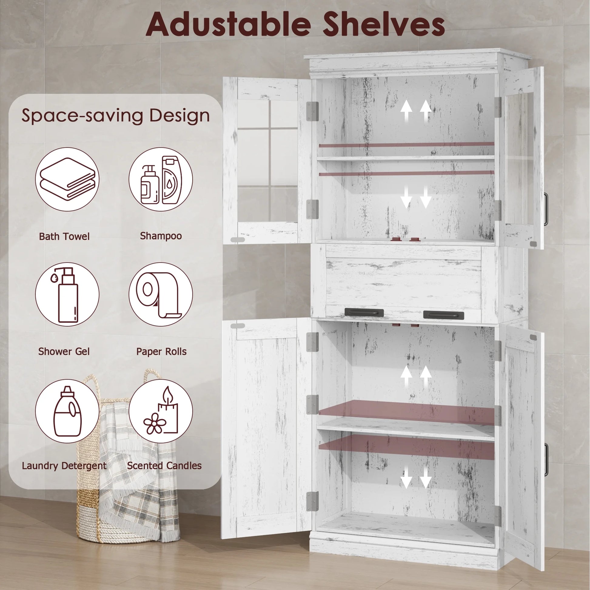 Bathroom Cabinet, Tall Storage Cabinet with Doors and Adjustable Shelf, Freestanding Floor Pantry Cabinet for Kitchen, Living Room, Laundry Room, Home Office