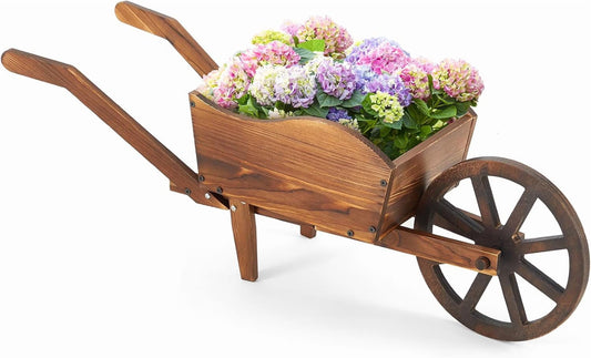 Wooden Wagon Planter Box, Garden Planter with Wagon Wheels, Flower Cart for Patio Garden Balcony, Decorative Patio Flowers Herbs Vegetables for Indoor Outdoor Decor, Brown(Rustic)