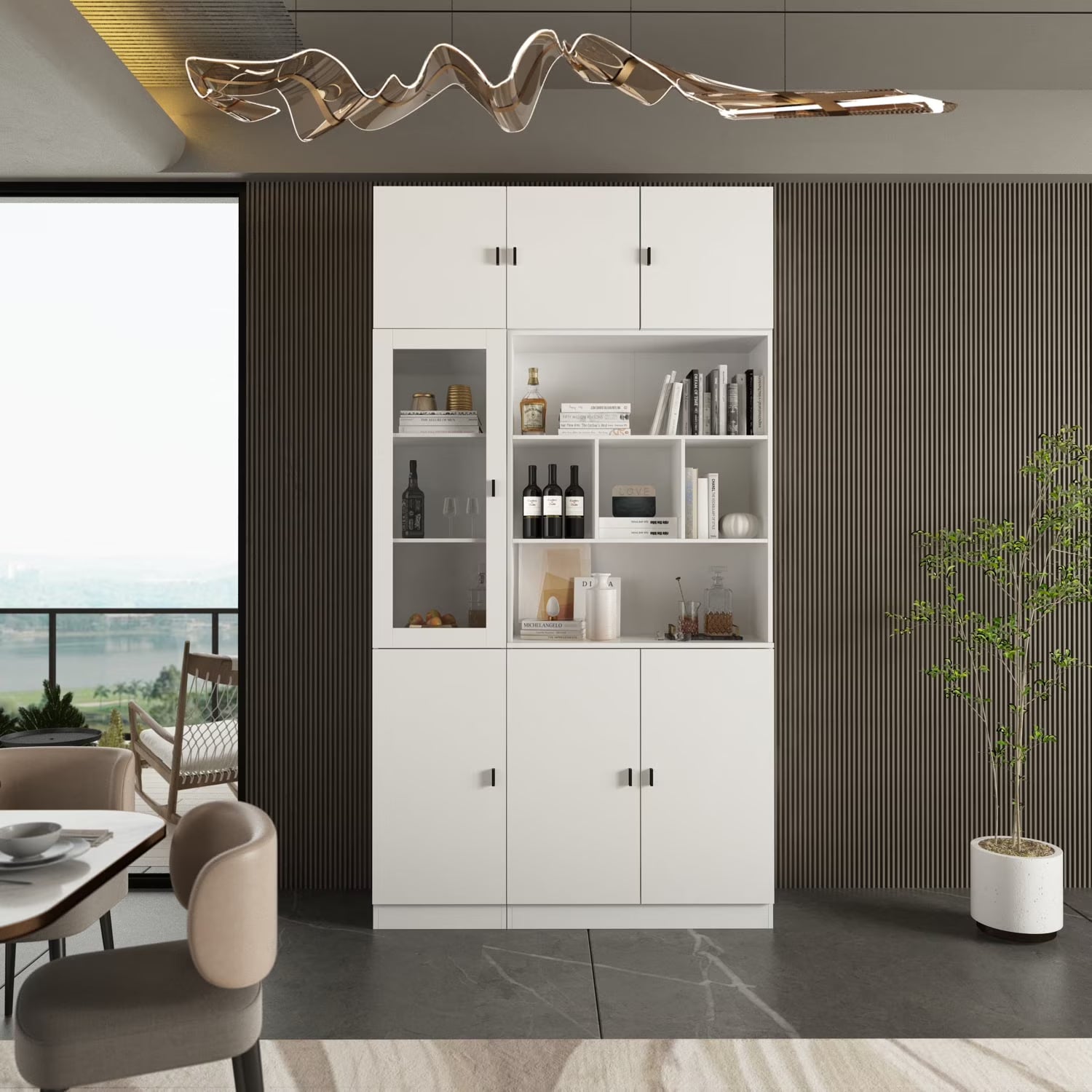 Modern Versatile Storage Cabinet Set, White 5-Door Bookcase Display Storage Organizer for Home Office Bedroom Living Room, 62.9"x12.2"x70.9"