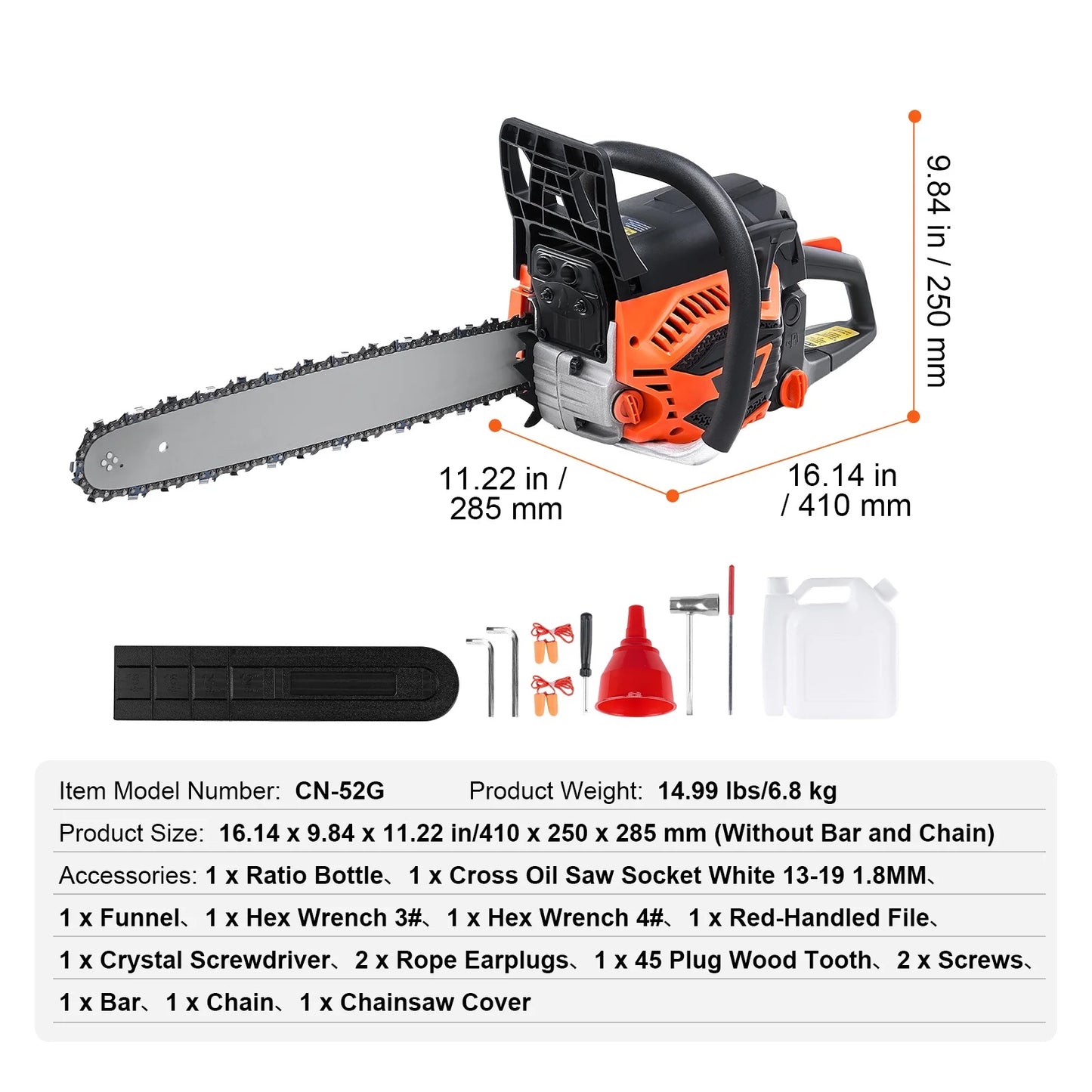 KFFKFF Gas Chainsaw, 52CC, 18-inch Blade, 2.55HP, Fuel-Operated, Portable Handheld Chainsaw for Cutting Trees, Branches, Trimming, and Clearing Land in Gardens, Farms, and Forests