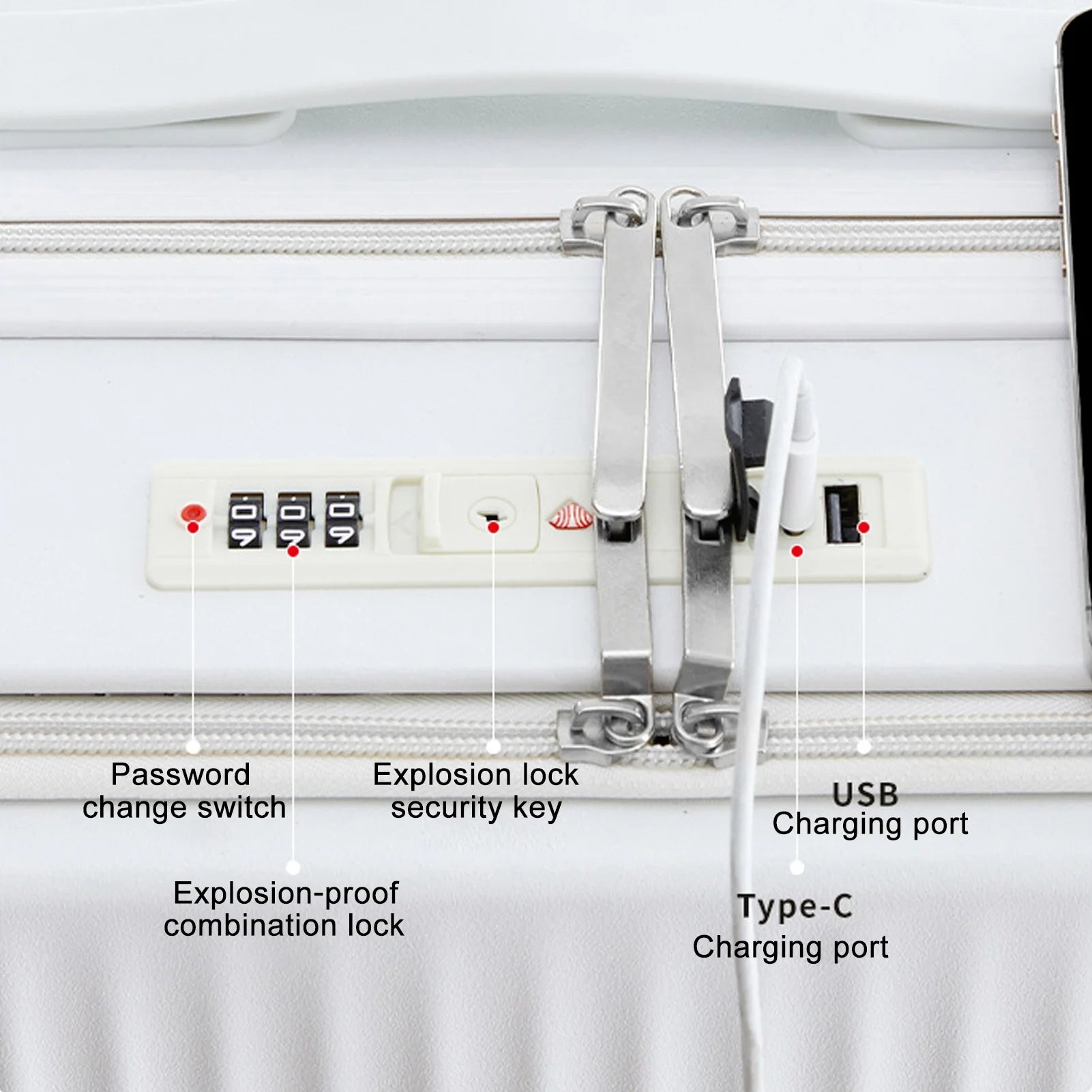 24 Inch Checked Luggage with Front Pocket, USB Charging Port, Built-in lock Carry on Suitcase, Cup Holder and Phone Holder, Medium Hardside Suitcase with Spinner Wheels, White