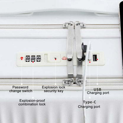 24 Inch Checked Luggage with Front Pocket, USB Charging Port, Built-in lock Carry on Suitcase, Cup Holder and Phone Holder, Medium Hardside Suitcase with Spinner Wheels, White