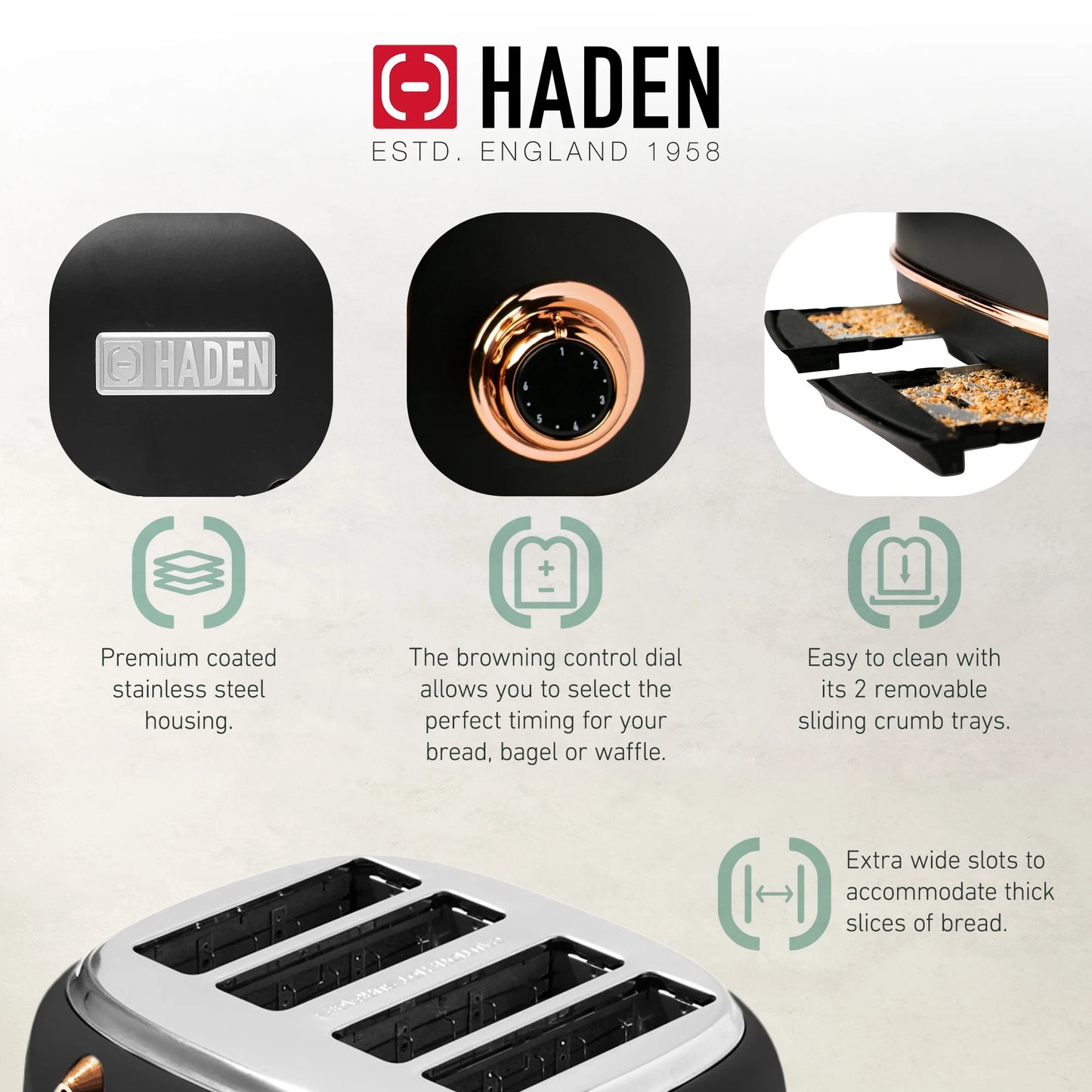 Haden Heritage 1500 1.7 Electric Kettle, Matte Black Finish with Copper Accents