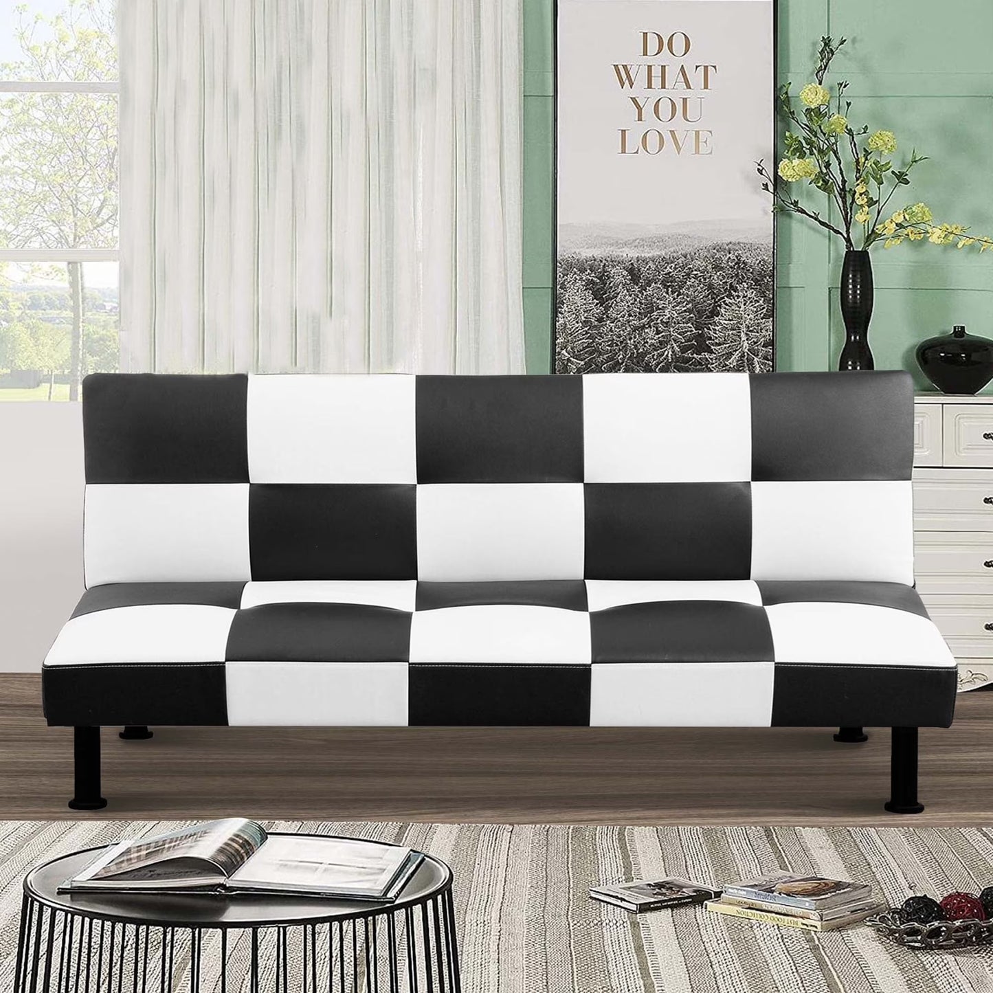 Aukfa Faux Leather Futon Convertible Sofa Bed for Home Office Twin Size, Black& White