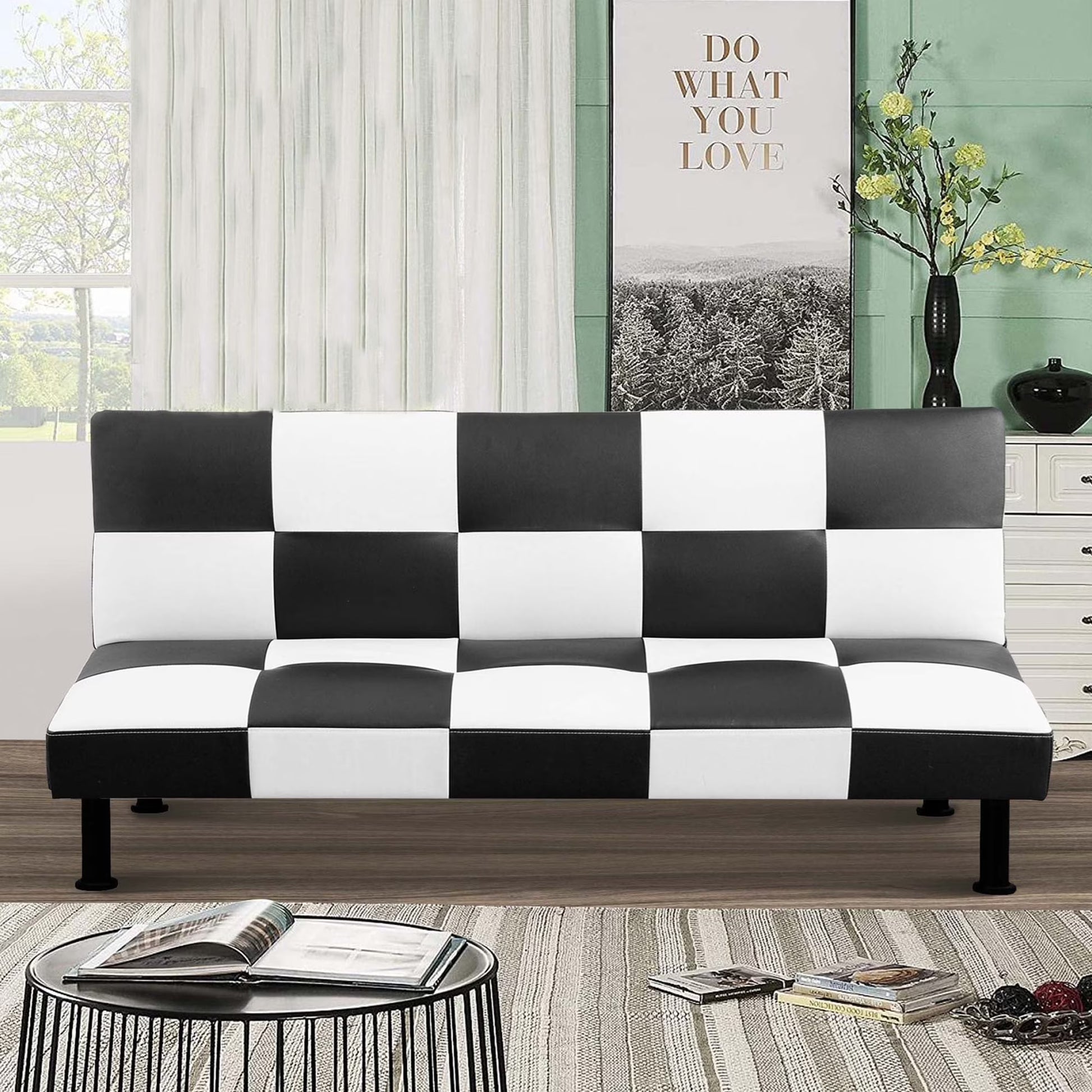 Aukfa Faux Leather Futon Convertible Sofa Bed for Home Office Twin Size, Black& White
