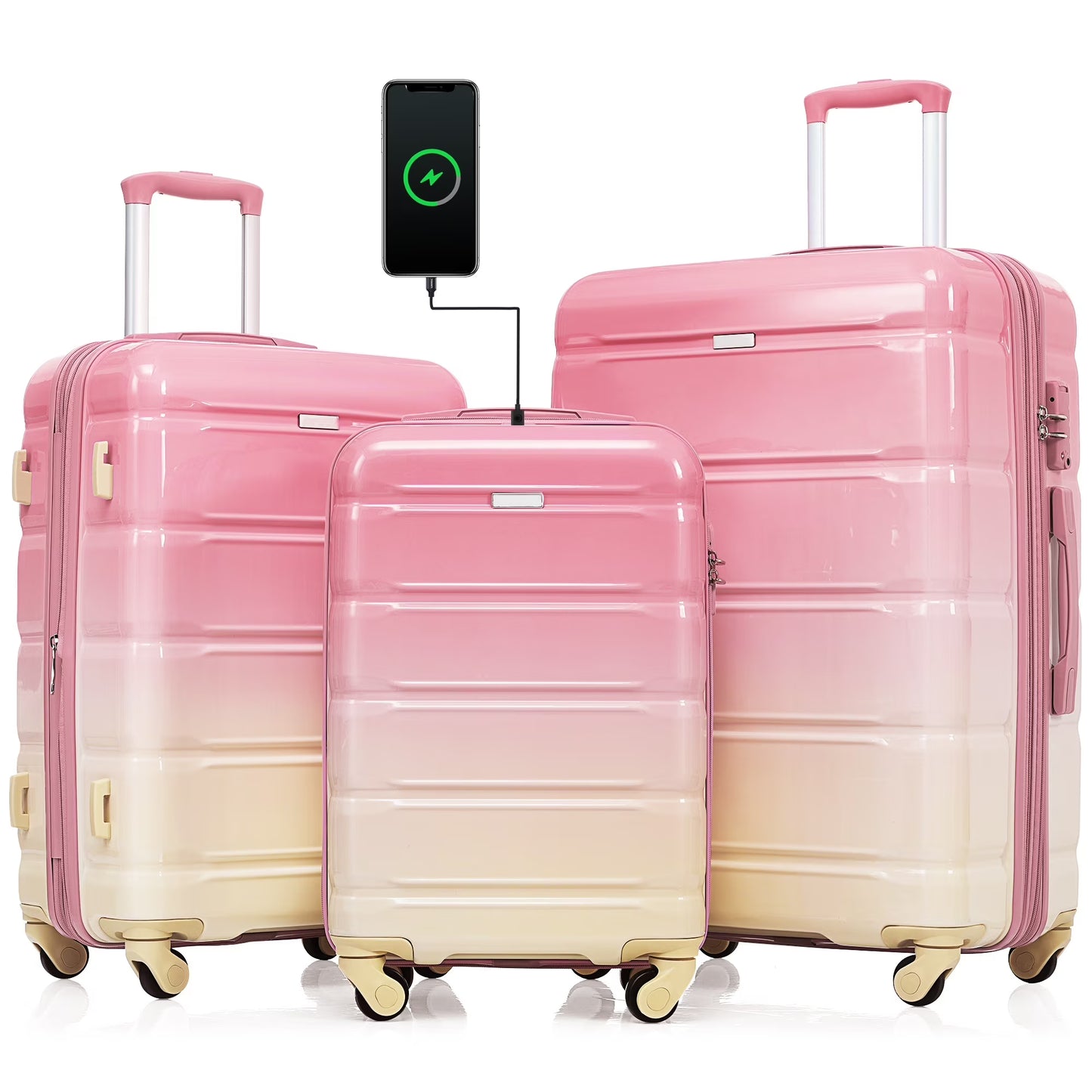 PAPROOS 3-Piece Luggage Set (20''/24''/28''), Hardshell Lightweight Suitcase with USB Port and Side Hooks, Travel Luggage with TSA-Lock, Hardside Rolling Luggage for School, Travel, Pink