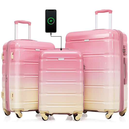 PAPROOS 3-Piece Luggage Set (20''/24''/28''), Hardshell Lightweight Suitcase with USB Port and Side Hooks, Travel Luggage with TSA-Lock, Hardside Rolling Luggage for School, Travel, Pink